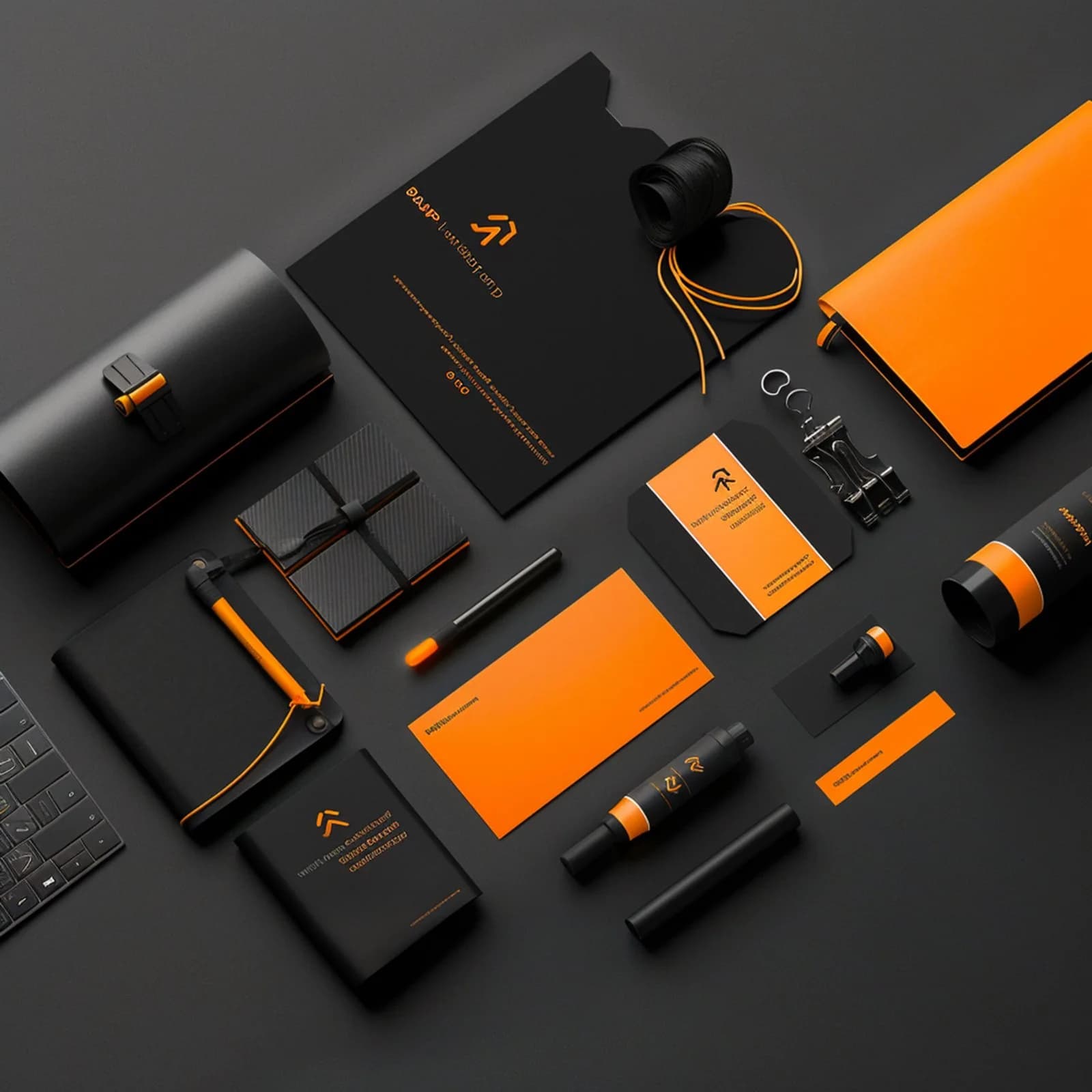 Black and orange brand identity materials arranged on a dark surface
