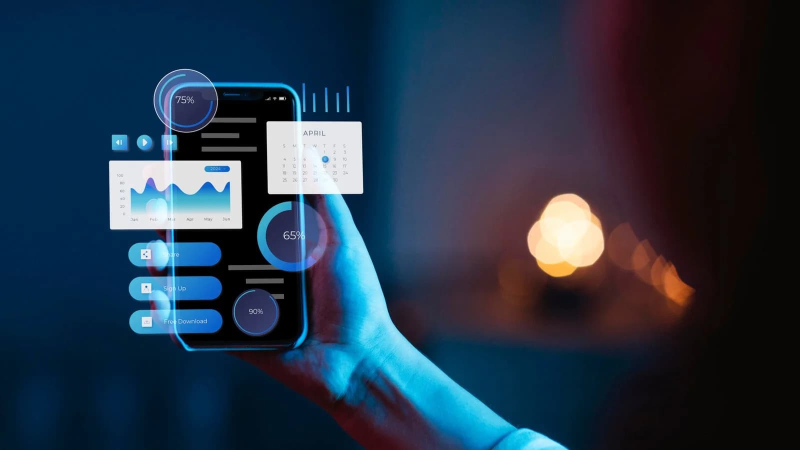 A hand holding a phone with digital application interface graphics