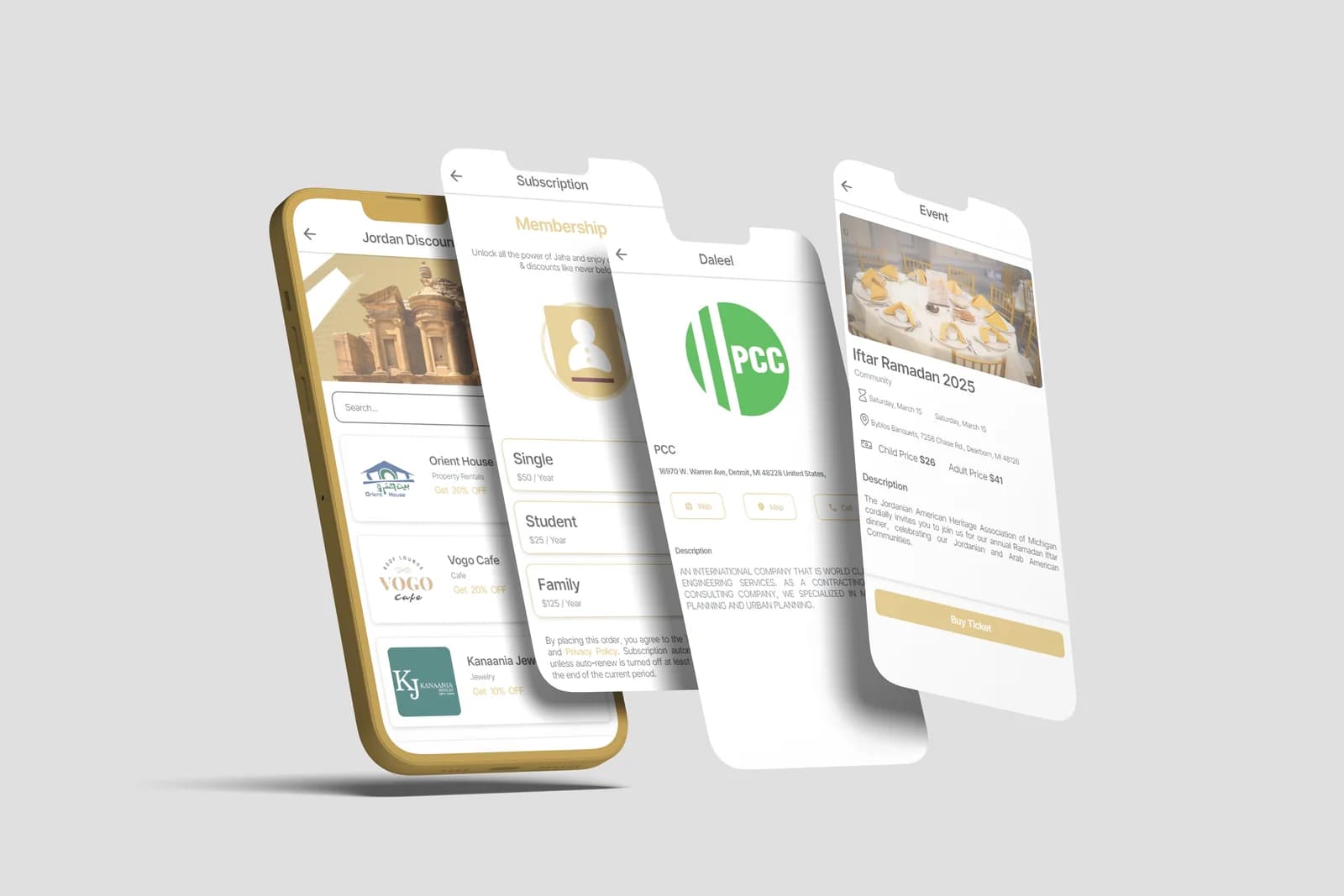JAHA mobile application screens and branding